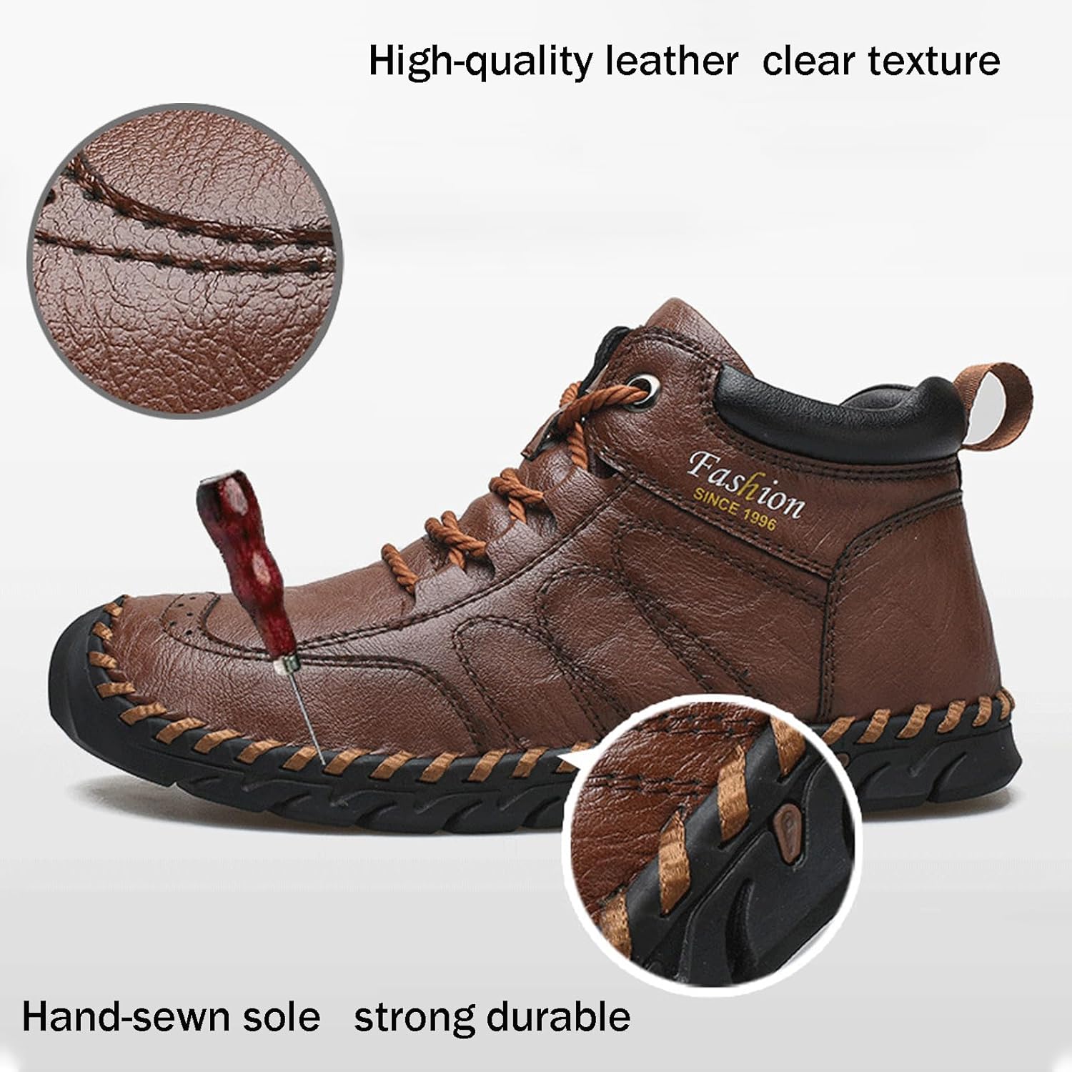 Men'S Handmade Leather Casual Chukka Boots Classic Round Toe With Adjustable Lace-Up Flats Arch Support Non-Slip Driving Walking Garden Work High-Top Ankle Boots With Cushioned Latex Insole