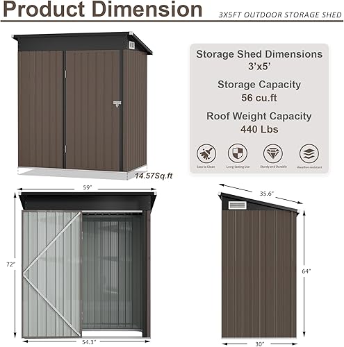 Miniatura 3 de Aoxun Cobertizo de almacenamiento de metal para exteriores, 5 x 3 pies, cobertizo de herramientas de acero con puerta y cerradura, cobertizos de