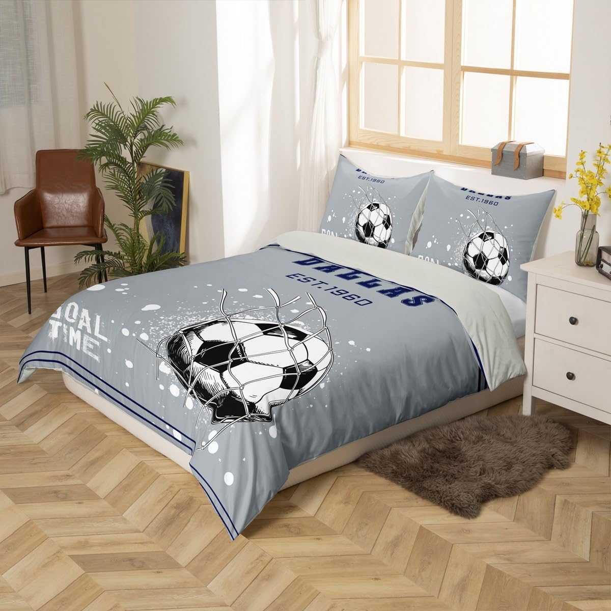 Homewish Soccer Goal King Size zestaw pościeli, futbol amerykański poszewka na kołdrę dla dzieci chłopców nastolatków sypialnia, gwiazdy w paski tele szara granatowa poszewka na kołdrę sportowa piłka