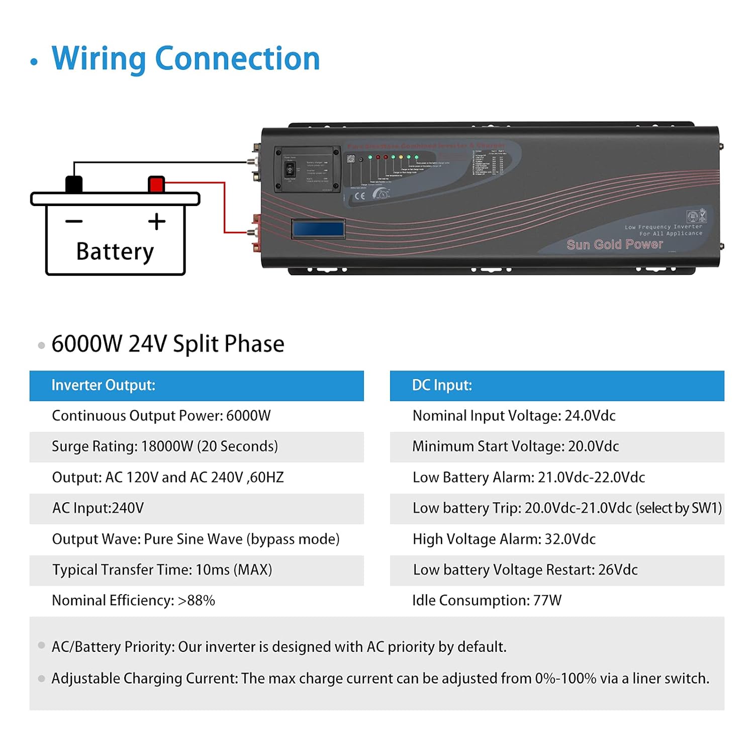 SUNGOLDPOWER 6000W 24Vdc Pure Sine Wave Inverter Low Frequency 240Vac Input to 120Vac/240Vac Output Split 50/60 Hz with Battery Charger Off-Grid 18000W Peak, Black, 6000W 24V Split : Automotive