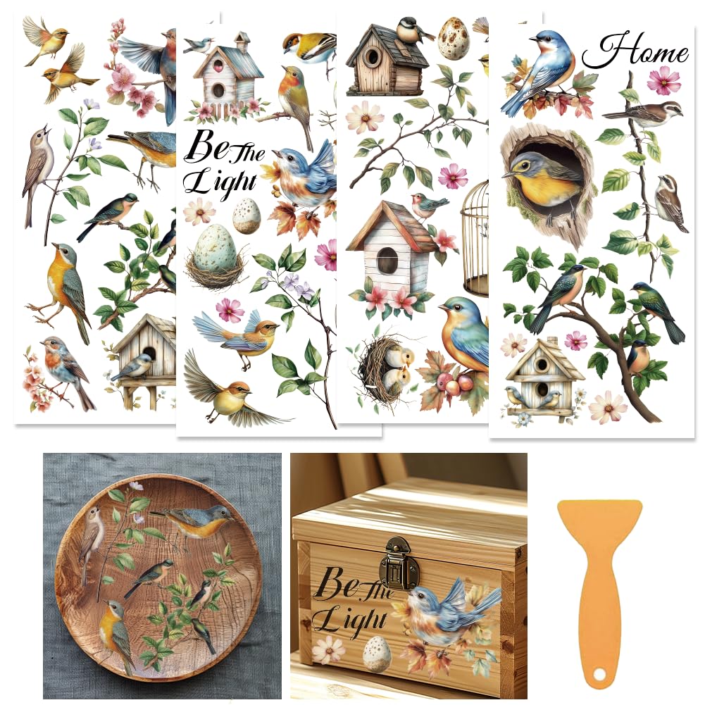 beinkmake 4 Sheets Birds Rub on Transfers for Crafts and Furniture 12×6inch Vintage Birdhouses Leaves Furniture Transfer Stickers for Wood Cabinet