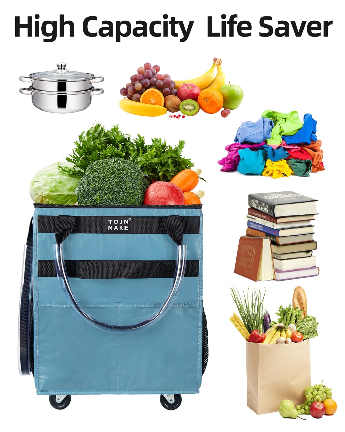 Bolsa de comestibles reutilizable con ruedas con 8 bolsillos y cubierta de cremallera, plegable, asas resistentes, soporta hasta 22 libras (pequeño, azul)
