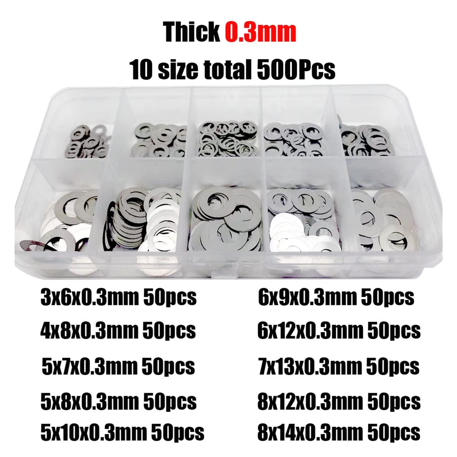 ZZSRJ 500 Stücke M3 M4 M5 M6 M7 M8 DIN988 304 Edelstahl Slim Flat Waschmaschine einstellen Abstandshalter -Sortiment Kit Set Box (Color : Thick 0.3mm)