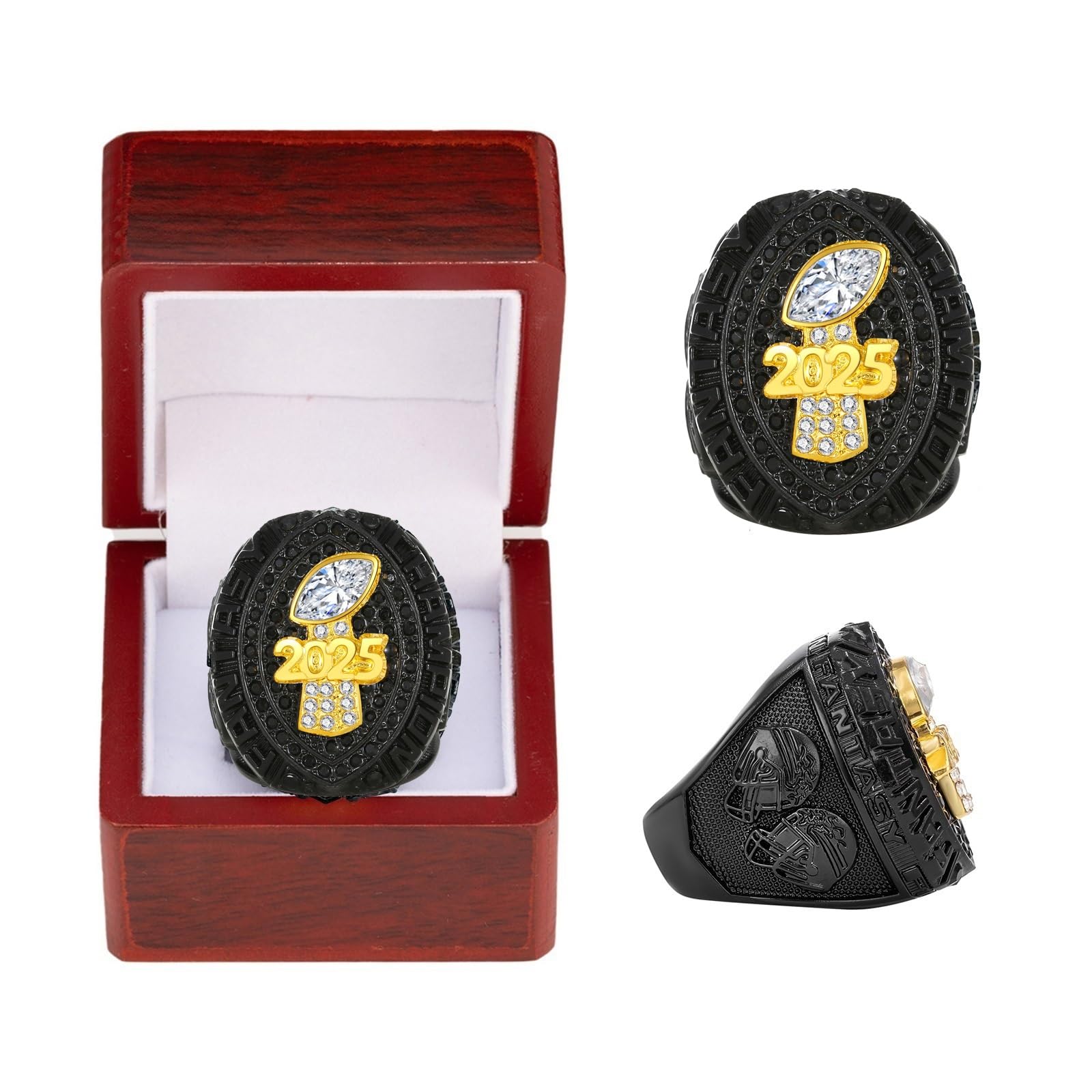 Fantasy-Football-Ring 2025, Schwarz-Blau-Rot-Meisterschaftsring, FFL-Meisterschaftstrophäe, Geschenkbox, Ring-Display-Box