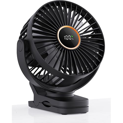 TUNISE Mini Clip on Fan, Battery Operated Desk Fan, Digital display，3 Speeds Adjustable, Bidirectional 360 ° Adjustable, Super Strong Wind, Portable Fan for Home Office Stroller Camping Black