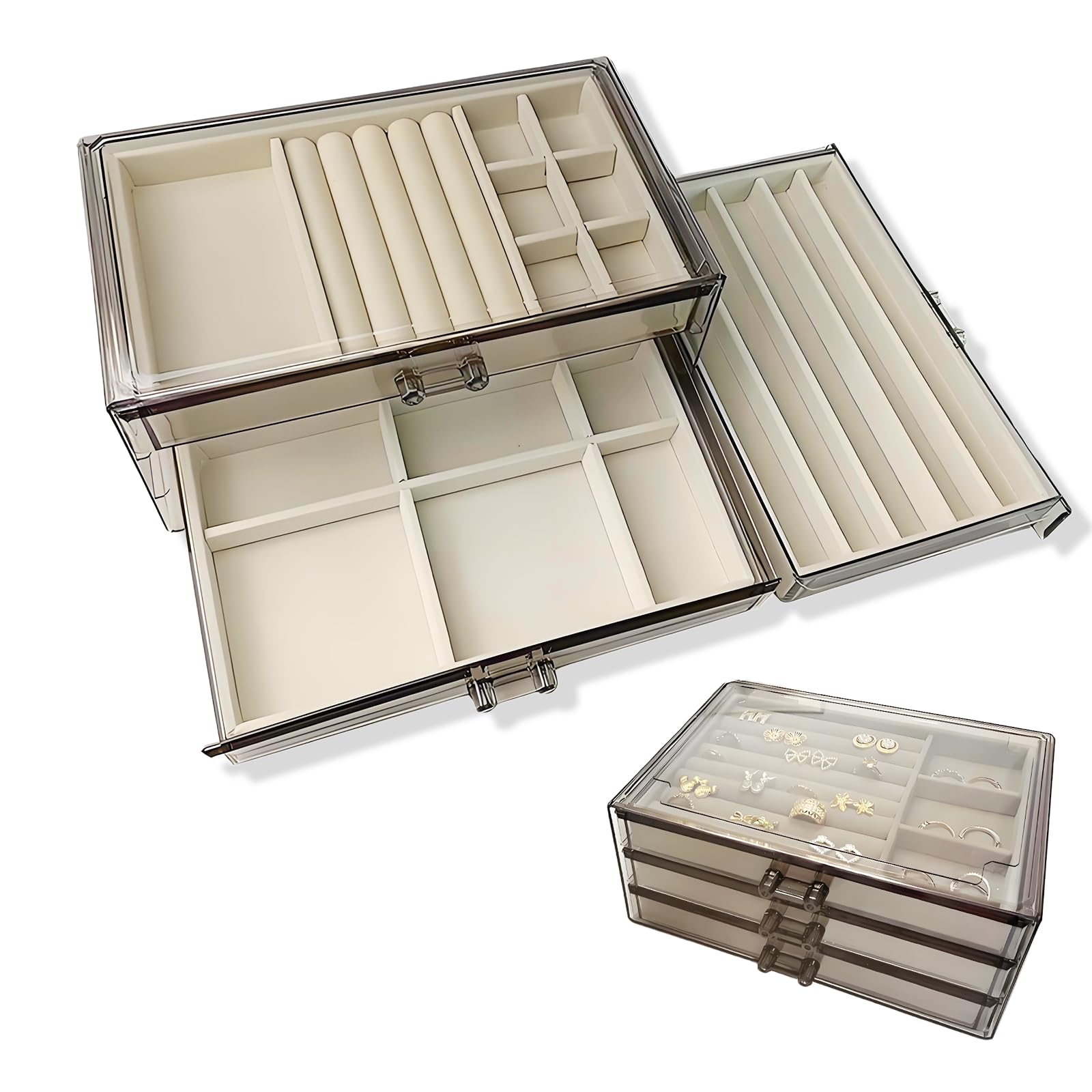 INMORVEN Schmuckkasten Damen Schmuck Organizer - 3-stufige Aufbewahrungsbox (23,5x13,5x11cm) für Ringe & Ohrringe | Transparentes Schmuckaufbewahrungssystem mit variablen Fächern
