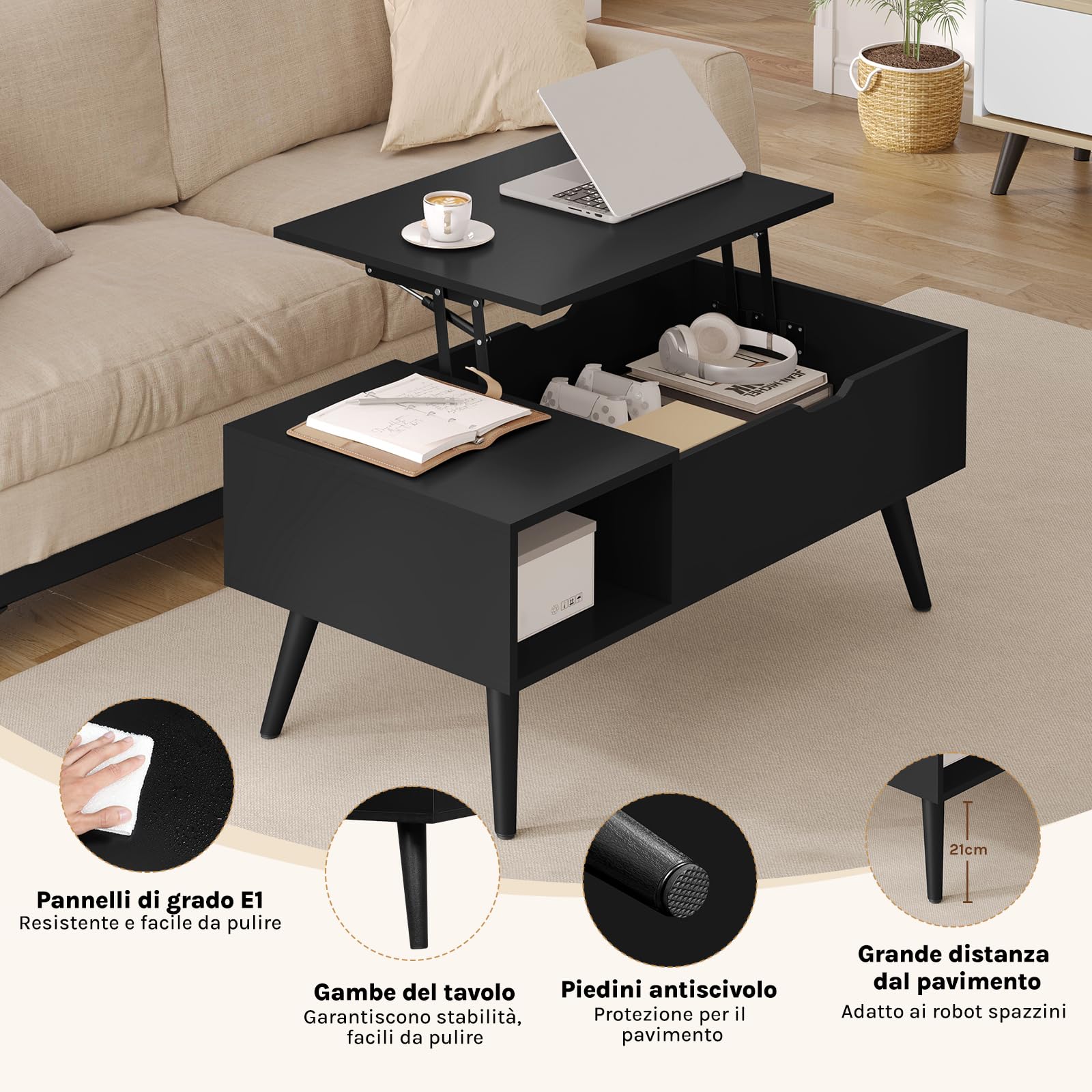 WOLTU Tavolino da Caffè Sollevabile e Allungabile, Tavolo con Spazio Interno e Scomparto Aperto, Tavolino da Salotto per Soggiorno, 100x50x(43-57) cm, Nero, BTS26sz