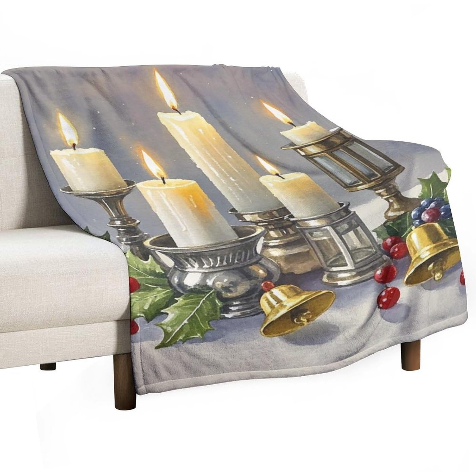 Couverture flanelle légère imprimée bougies de Noël plaid lit canapé toutes saisons