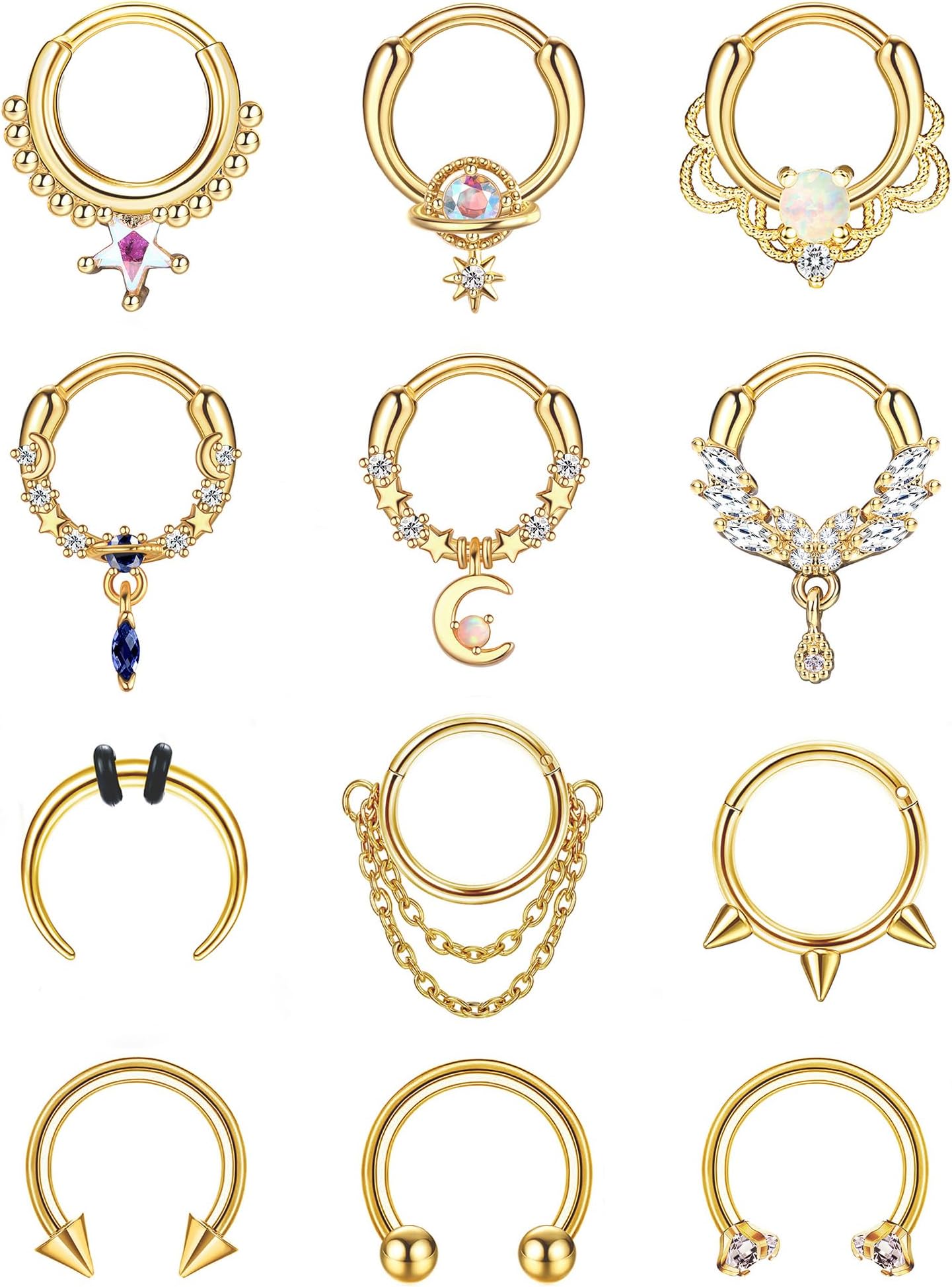 FUNRUN JEWELRY 12Pcs 16 G Septum Rings for Women Surgical Steel Dangle Nose Rings Hoops Helix Daith Cartilage Earrings Horseshoe Clicker Septum Nose Piercing Jewelry