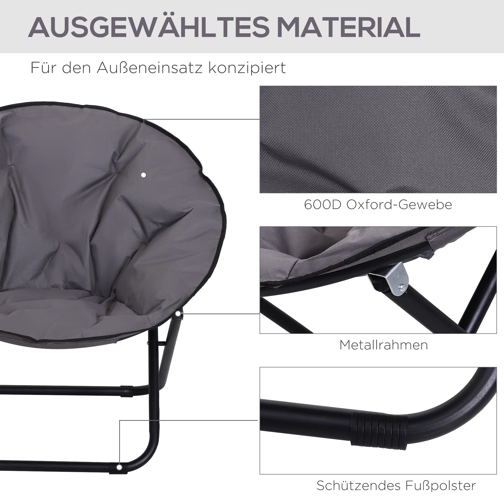 Outsunny Campingstuhl Faltbar Campingsessel mit Lehne, Klappstuhl bis 120kg, gepolstert Moonchair Extra Breit, Faltsessel Outdoor Stuhl für Garten, Balkon, Camping, Grau