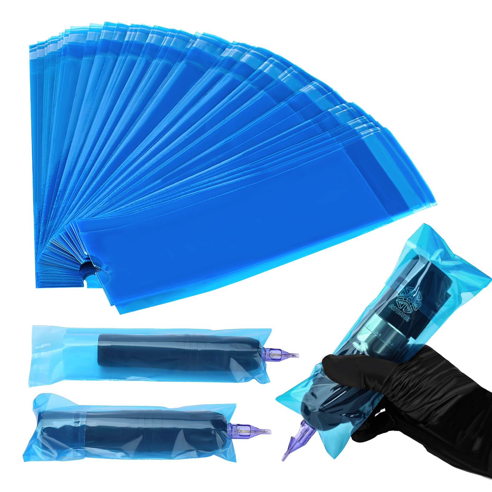 BAMTTOO 200pcs Tattoo Machine Covers Large Self Sealing Tattoo Pen Covers 2.5x8.6inch Disposable Cartridge Tattoo Machine Sleeves Bags Tattoo Supplies (Blue