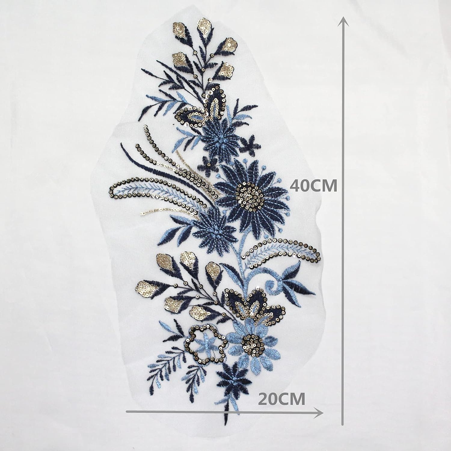 One Set Flower Embroidery Sequin Lace Applique Sewing Fabric Collar Patch Motif Wedding Gown Dress Bridal DIY Crafts (Blue)