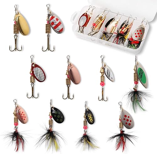 10pcs señuelo de pesca Spinnerbait, trucha lubina, salmón, metal duro, cebo giratorio kit con cajas de aparejos