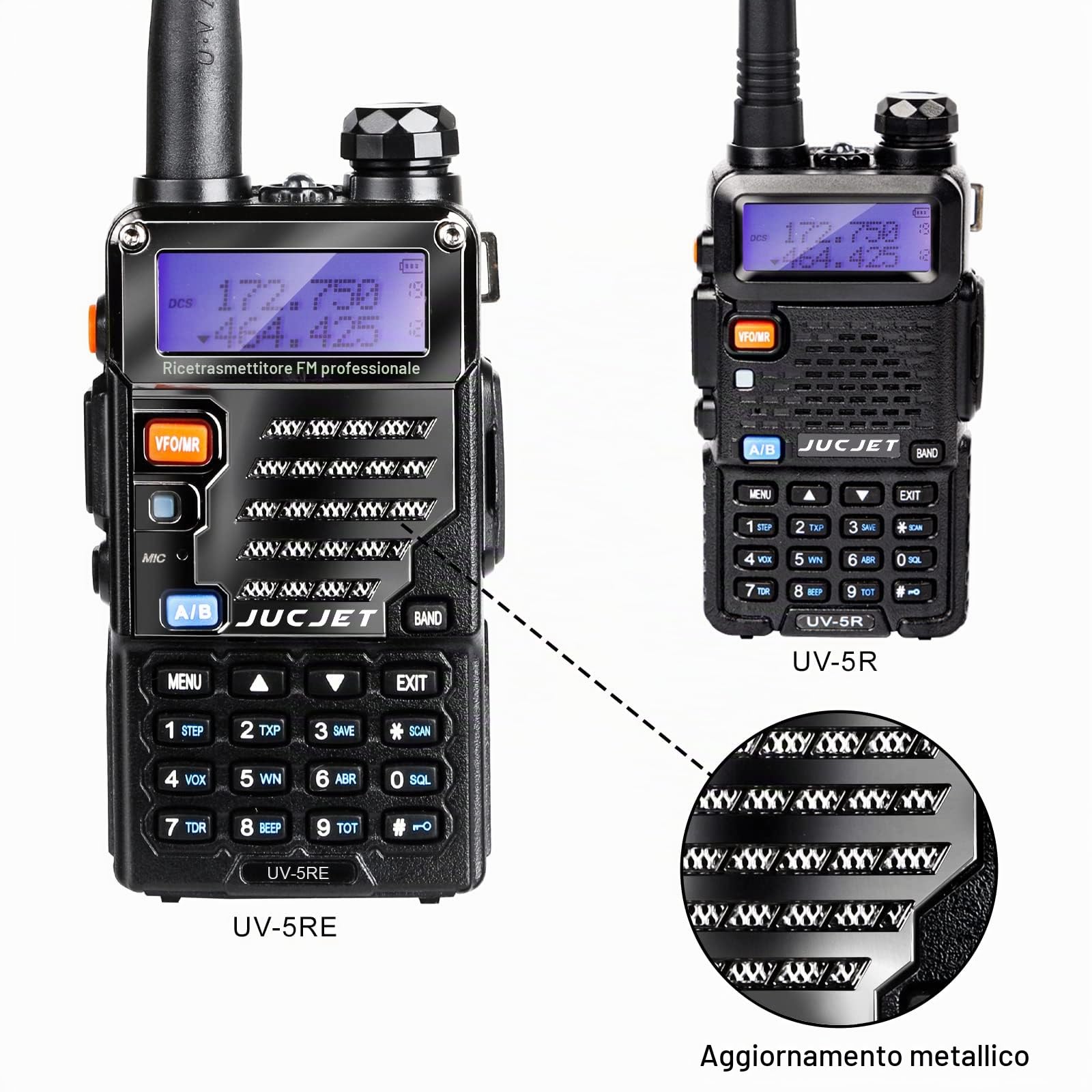 5RE M ricetrasmittenti radioamatoriali portatili, serie 5RE aggiornata, pannello frontale stile metallo, 128 canali, One-Key Frequency Match, compatibile con impostazioni UV-5R e 5RE, confezione da 2