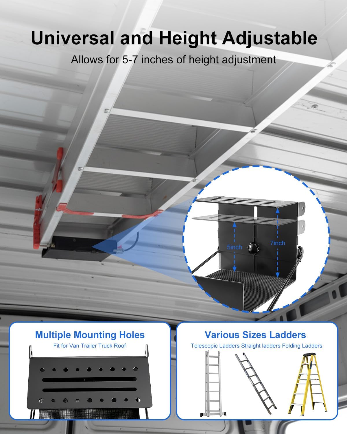 Van Interior Ladder Storage Holder, Adjustable Internal Ladder Rack Fit for Van Trailer Truck Roof, Quick Release Heavy Duty Ladder Bracket