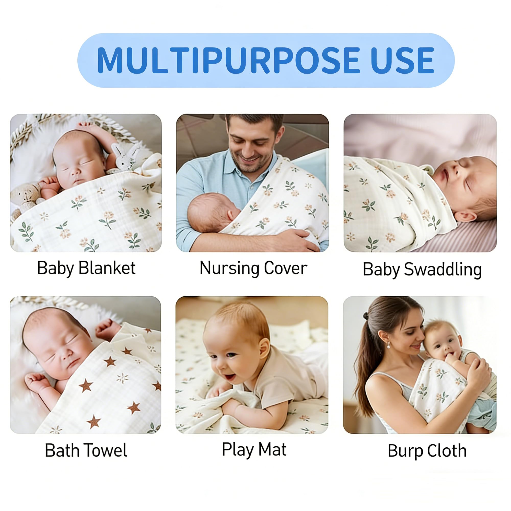 Miracle Baby Bamboo Newborn Baby Blanket Wrap,Large Swaddle Cloths for Baby Boys and Girls 120cm x 120cm Blanket Burp Cloths,Essential Items for Baby Shower - Image 4