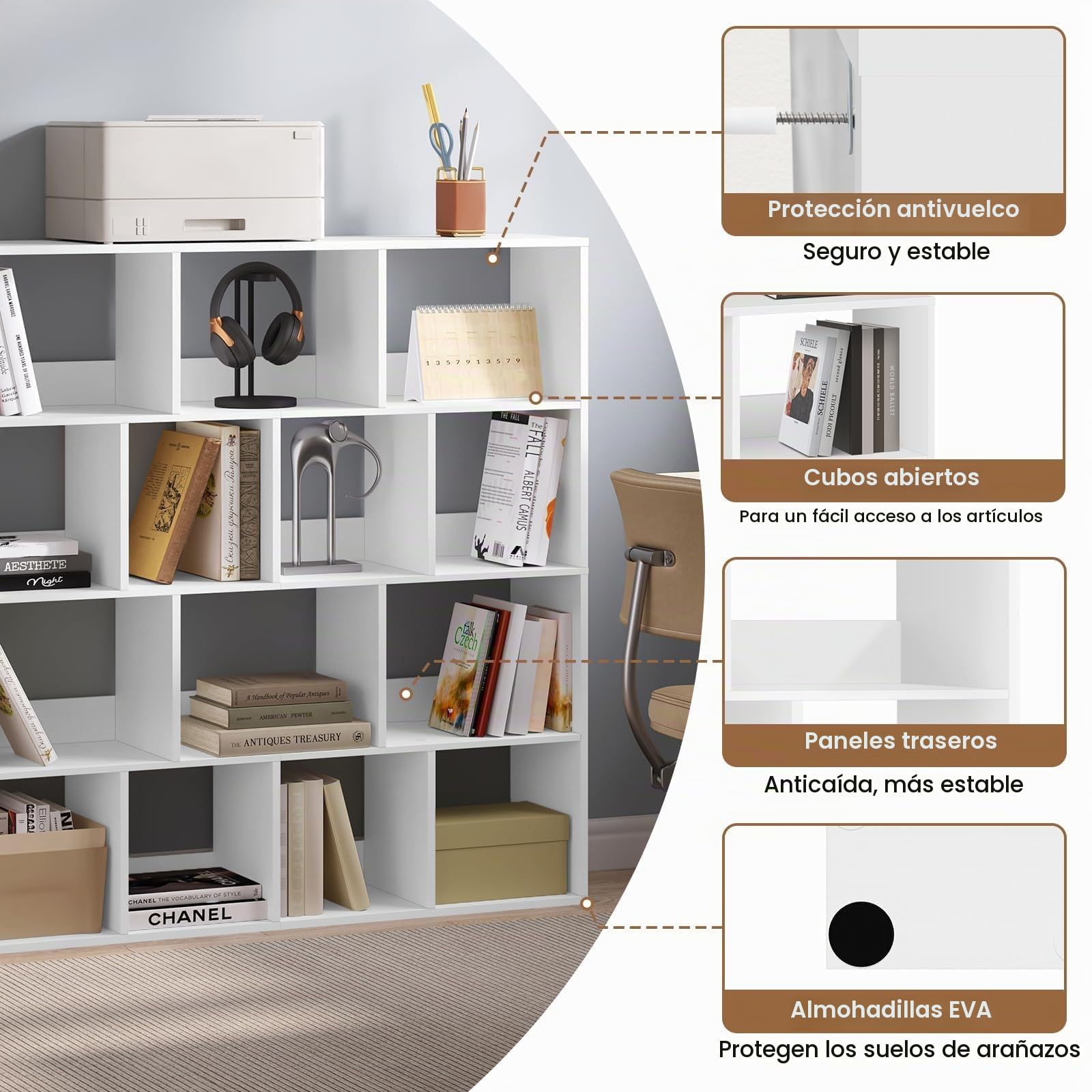 eSituro Estantería para Libros, Librería de Cubo de 14 Compartimentos | Estantería de Almacenamiento, Biblioteca Estantería para Dormitorio, Oficina y Salón, 120x30x120 cm, Blanco