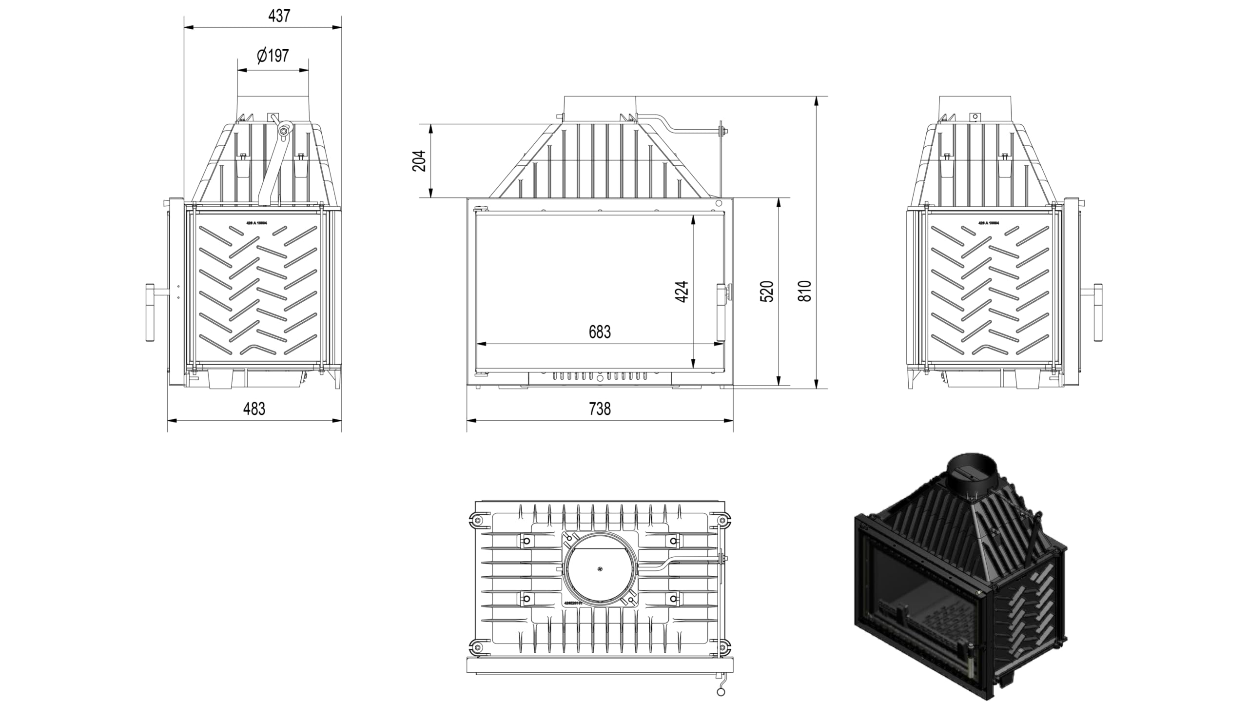 KRATKI Inserto per camino in ghisa a legna OLIWIA 16 kW Ø200 frontale A | Ghisa nero, efficienza 76,6%, classe A. Ecodesign.; combustione efficiente; basse emissioni; calore uniforme