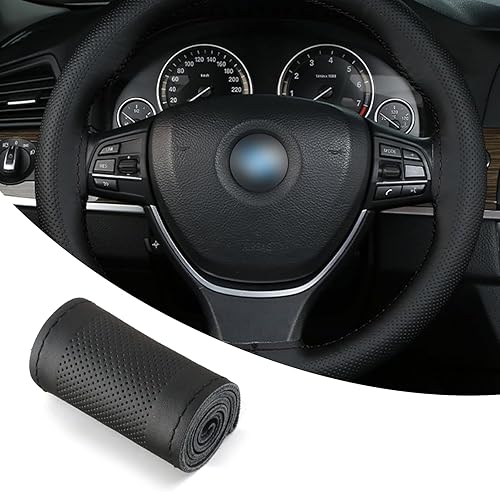 Miniatura 1 de Pack-1 Funda transpirable para volante, de cuero cosido de 14.9 pulgadas, impermeable, para volante de automóvil, camión, SUV (negro #1101)