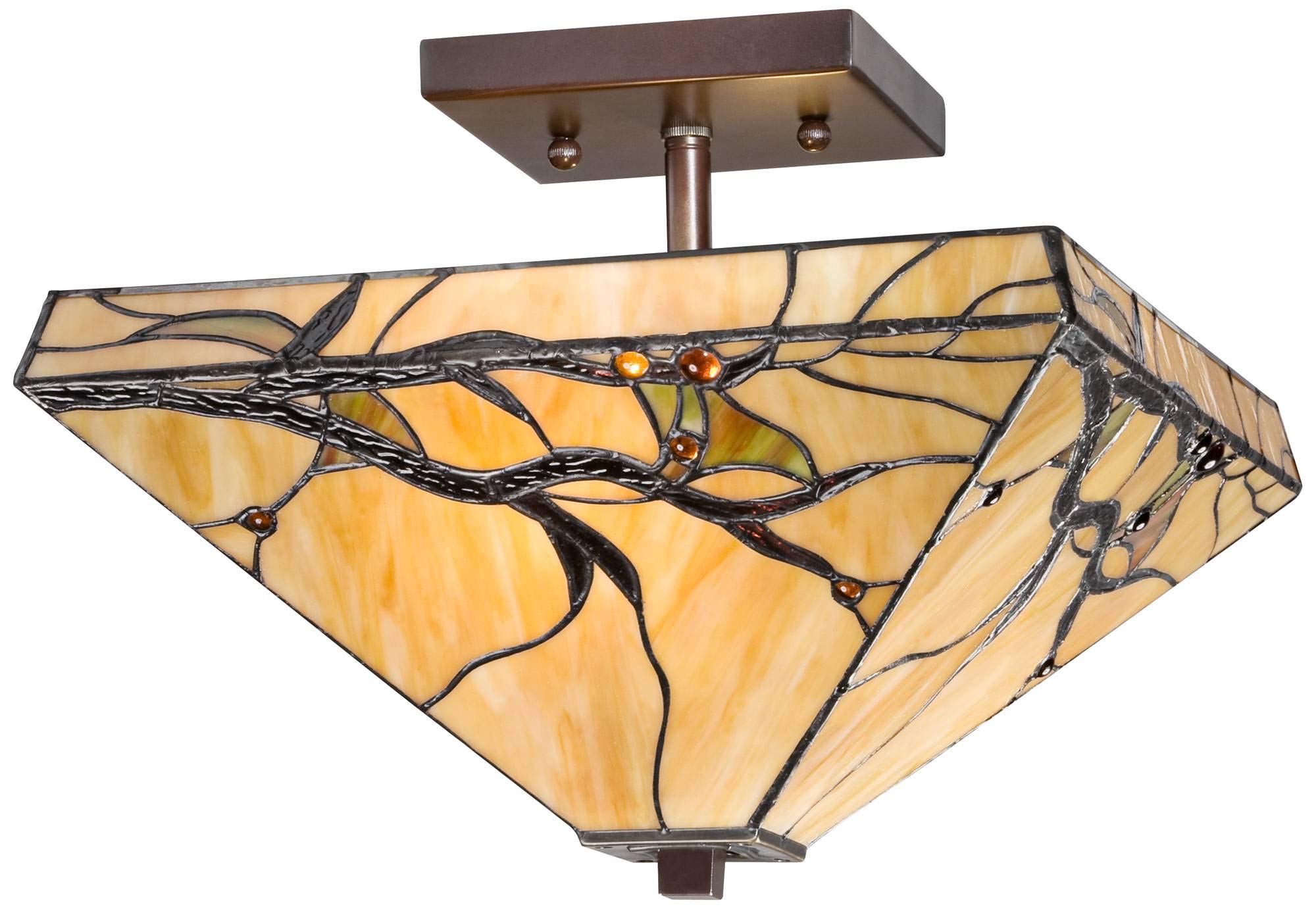 Robert Louis Tiffany Budding Branch Mission Tiffany Style Close to Ceiling Light Semi-Flush Mount Fixture Bronze 14" Wide Art Glass for House Bedroom