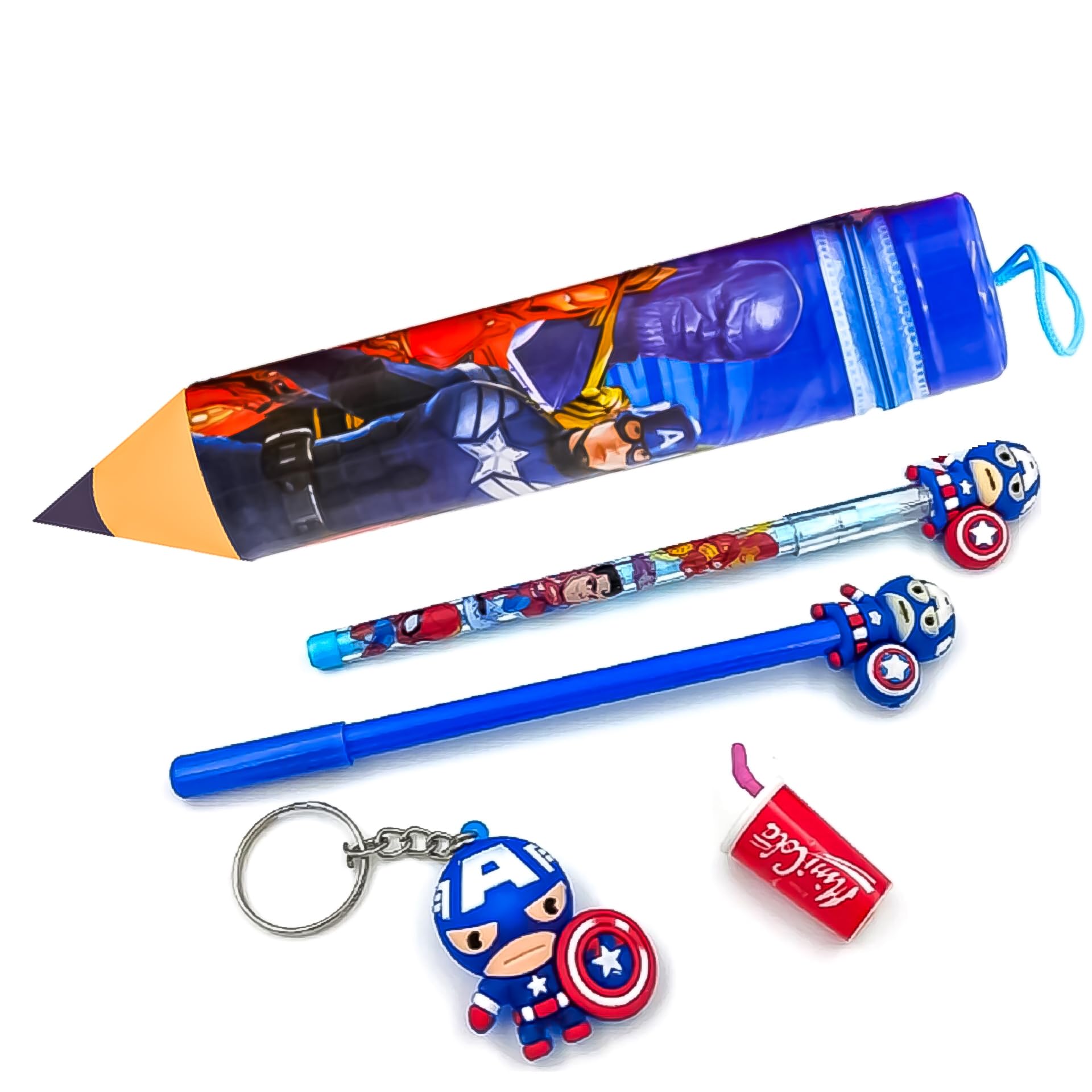 RZA 2023 Pencil Shape Pouch Combo for Your Kids for School,Avengers Big Size Cartoon Printed Pencil C+ase for Kids,1 Pencil & Pen,Eraser & Key Chain (Avenger) Pack of 1