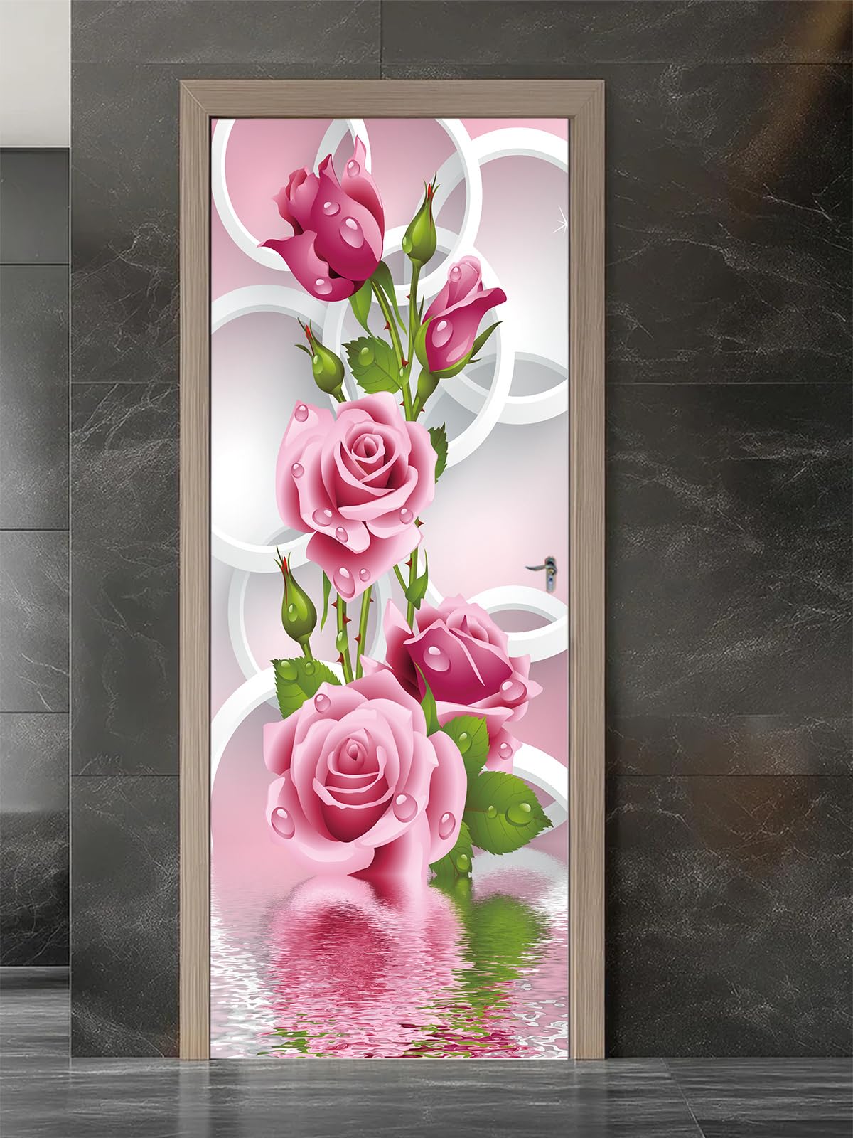 FLFK Adesivi per porte Stacca e attacca - Cerchio di fiori di rosa Carta da parati autoadesiva per pareti e porte poster per la camera da letto e il soggiorno 77x200cm