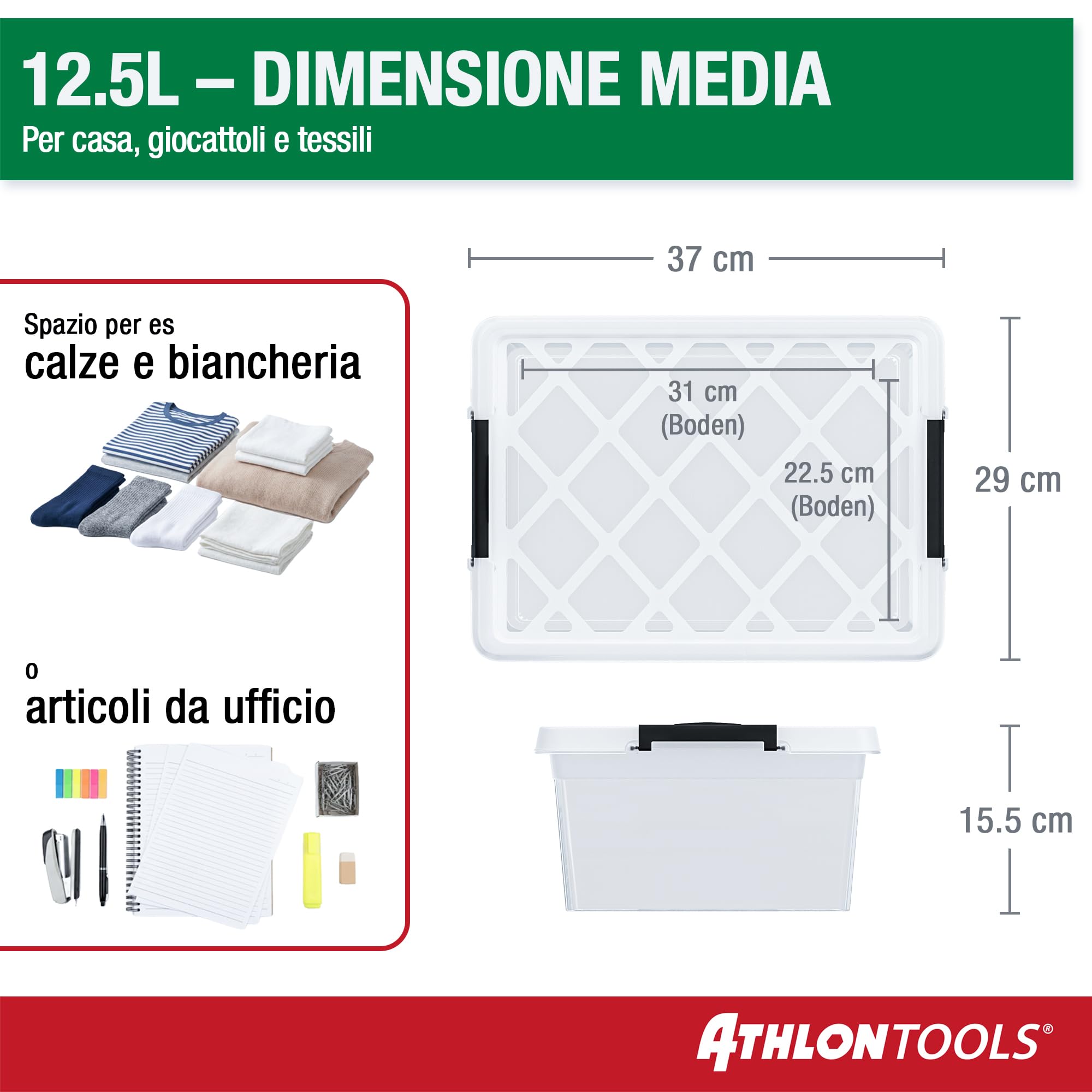 ATHLON TOOLS 4x 12,5L Scatole Plastica Trasparente con Coperchio – Contenitori Impilabili con Clip di Chiusura – Adatte per Alimenti – 100% Materiale Nuovo – Organizer Casa Cucina Ufficio Garage