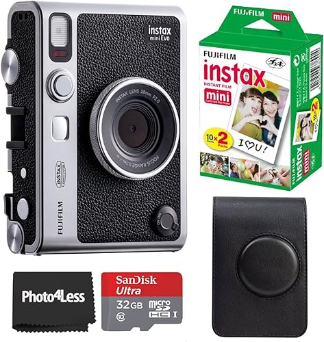 Fujifilm Instax Mini EVO Hybrid Black Instant Camera | Instax Mini Twin Pack Instant Film | 32GB microSD Card with Adapter | Black Camera Case