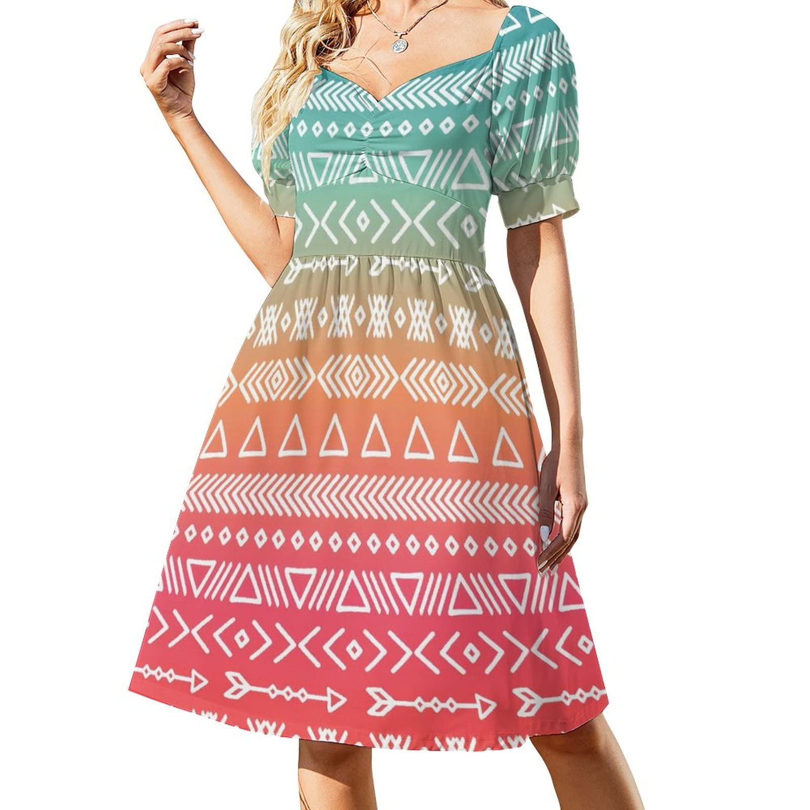 DAPERCIEthnic Tribal Pattern Women's V-Neck Printed Short Sleeve Dress High Waist Smocked Ruffle Sun Dress