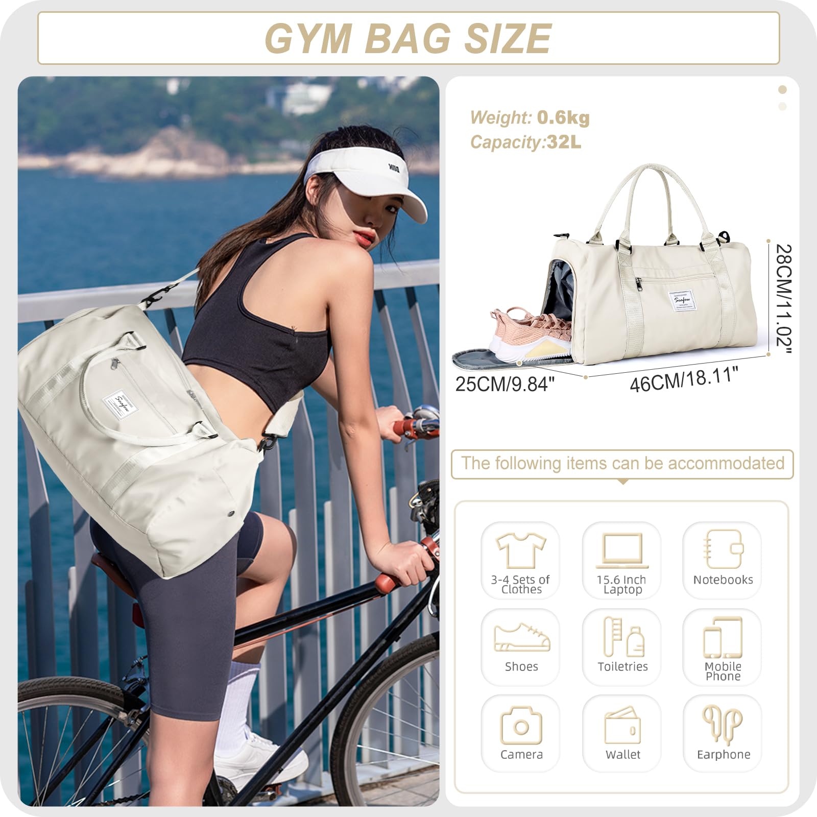 HYC00 Gym Bag Women Men with Shoes Compartment & Wet Pocket,for Easyjet Airlines Cabin Bag 45x36x20 Underseat Travel Duffel Bag Holdall Tote Carry on Luggage Overnight Bag Carry on Bag,Milky White - Image 2