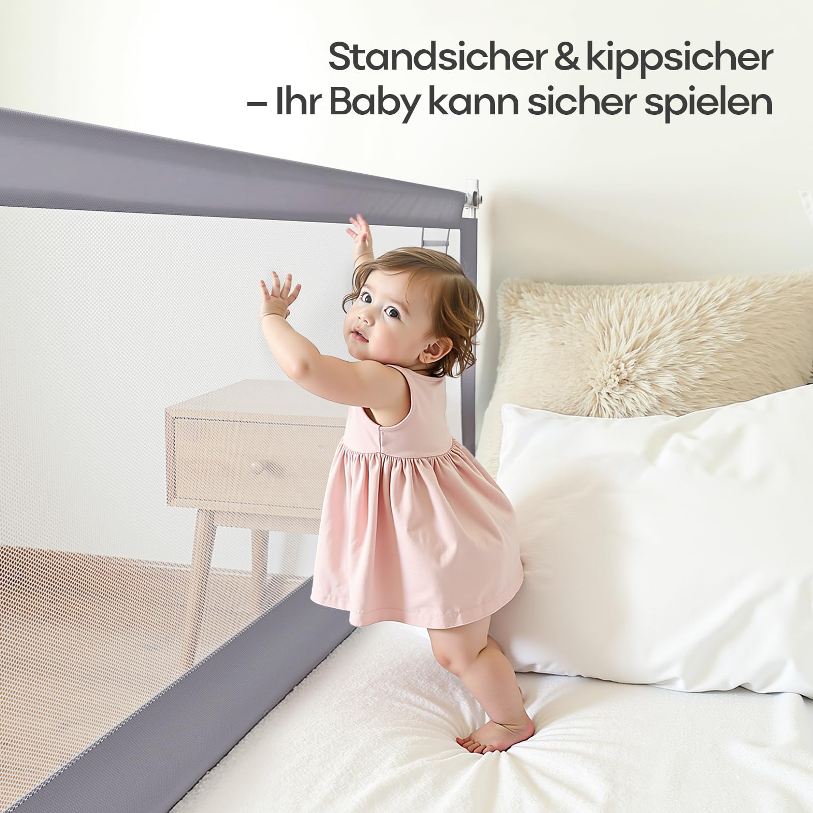 Rausfallschutz Bett (200cm+180cm) | Bettgitter Rausfallschutz für Boxspringbett, höhenverstellbar, mit Befestigungsgurten, Hellgrau (3 Stück)