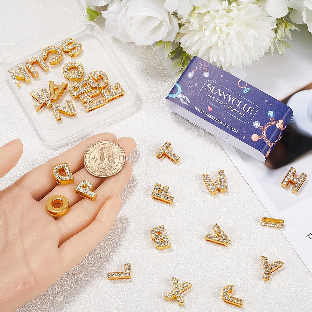 SUNNYCLUE 1 Box 26Pcs 26 Styles Rhinestone Alphabet Beads Charm Golden Crystal Letter Charms Bulk Metal Alloy Slide Full Rhinestones Art 3D A-Z Bead Charm for jewellery Making DIY Necklace Bracelet - Image 3