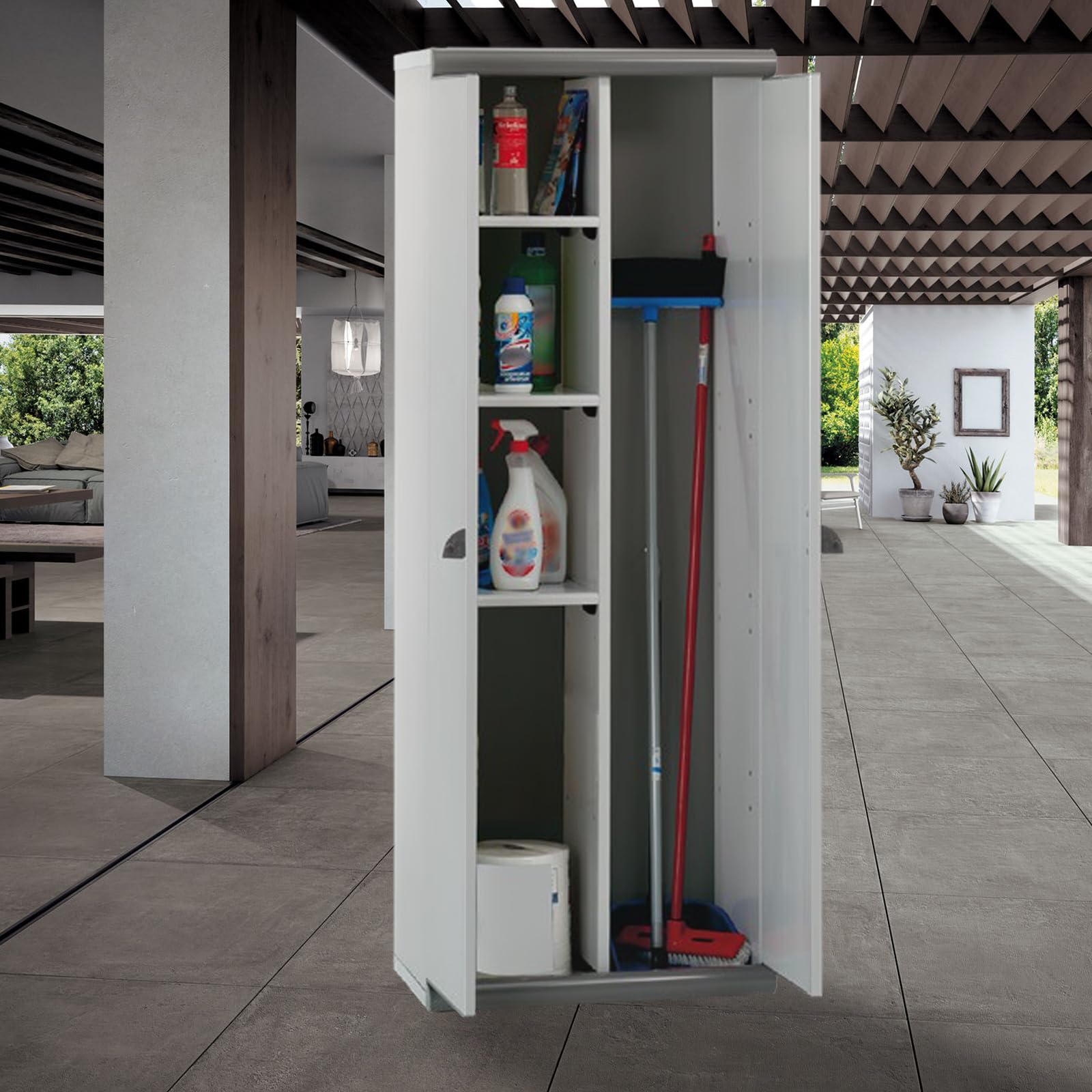 GARDIUN Armario Escobero de Jardín Resina Tavira 2 62,5x39x169 cm Gris 2 Puertas