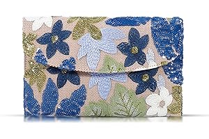 Blue Clutch: Embroidered Flowers Sequin Straw Handbag