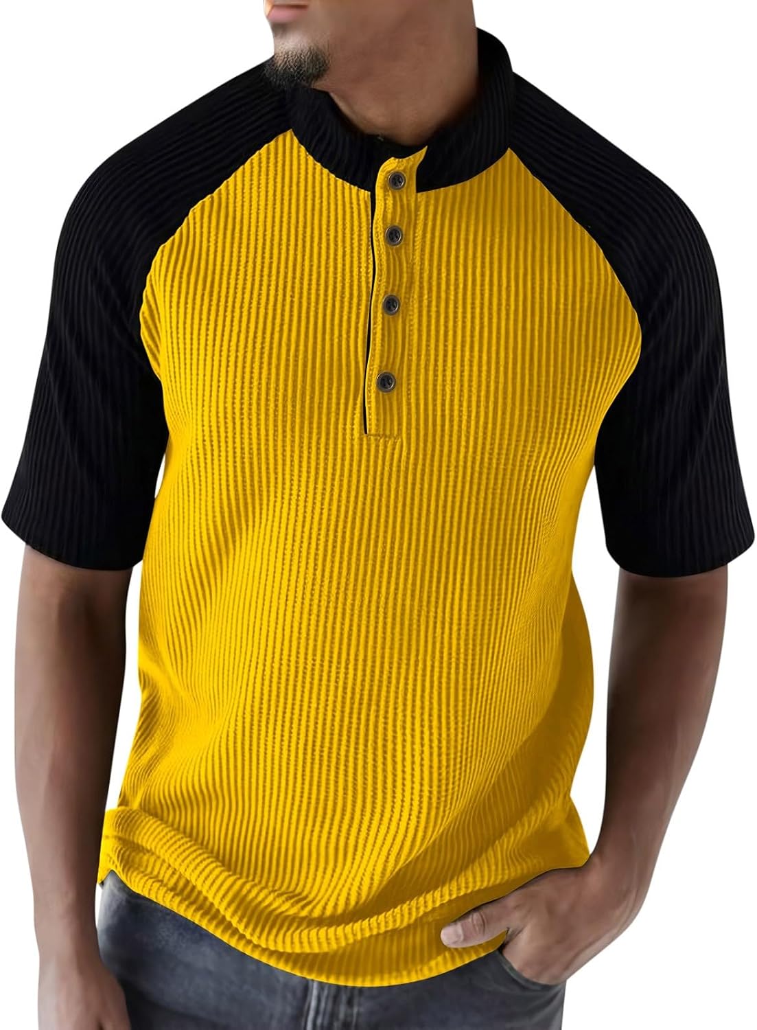 Men's Corduroy Henley Shirts Fashion Contrast Raglan Short Sleeves Button up Crewneck Casual T-Shirts Blouse Tops