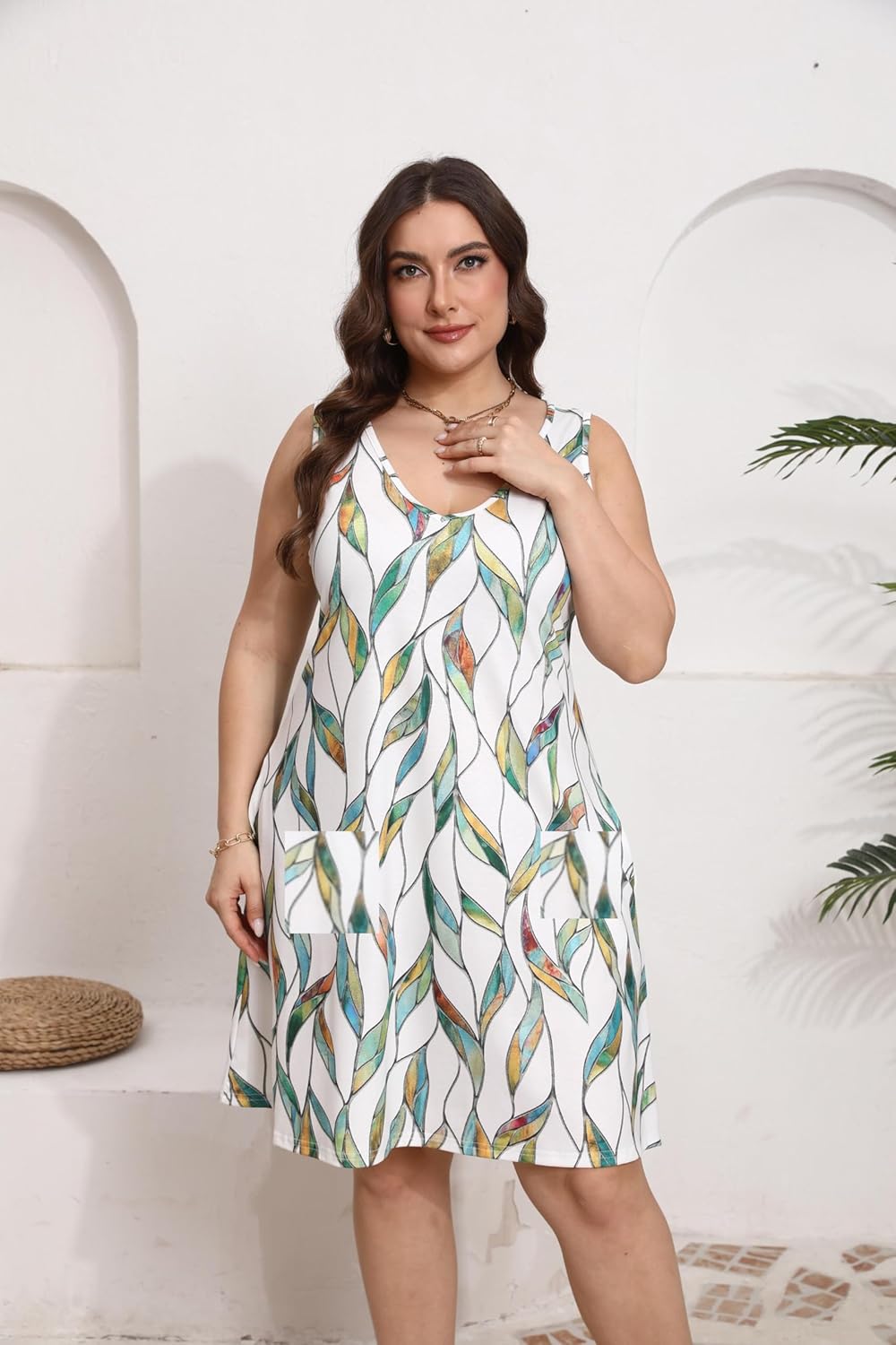 HBEYYTO Women Plus Size Sundress with Pockets V Neck Sleeveless Loose Fit Tank Dress Floral Print Beach Cover up 1X-5X - Image 4