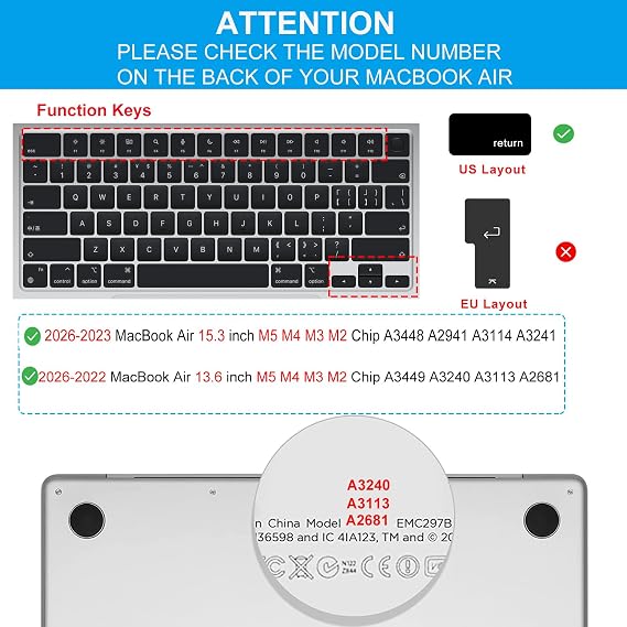 Keyboard Cover for 2026-2022 MacBook Air 15 & 13 inch M5 M4 M3 M2 Chip | Model A3448 A2941 A3114 A3241 A3449 A3240 A3113 A2681, Silicone Protector Skin, Anti Dust & Waterproof, US Layout, Black