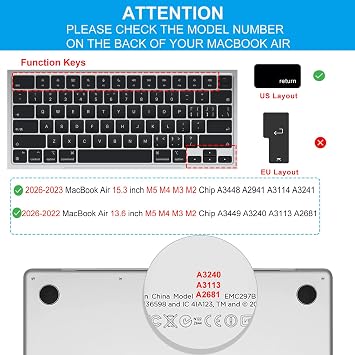 Keyboard Cover for 2026-2022 MacBook Air 15 & 13 inch M5 M4 M3 M2 Chip | Model A3448 A2941 A3114 A3241 A3449 A3240 A3113 A2681, Silicone Protector Skin, Anti Dust & Waterproof, US Layout, Black