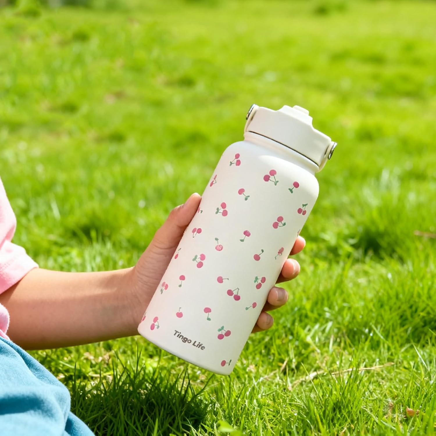 32oz Stainless Steel Insulated Water Bottle with Handle and Straw Lid - Cute Cherry Pattern Cream White Vacuum Water Bottle, Leakproof, Gifts for Women Girls, for Gym, Sports, Travel - Image 7