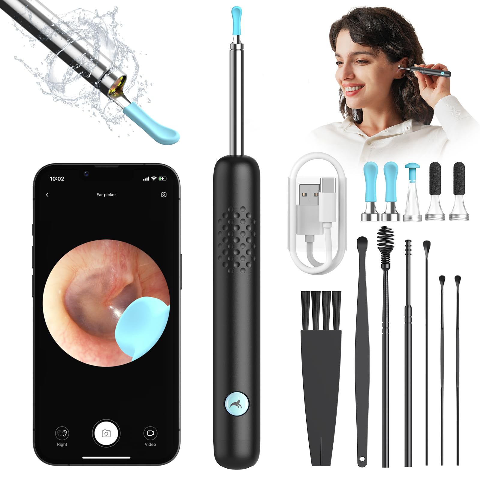 Otoscope Oreille, 1080P HD Kit Camera Oreille, Camera Iscope IP67 Étanche Nettoyant Oreille Avec 6 Lumières LED, Outil de Nettoyage d'oreille de 3,5 mm, Adapté aux Smartphones Tablettes IOS Android