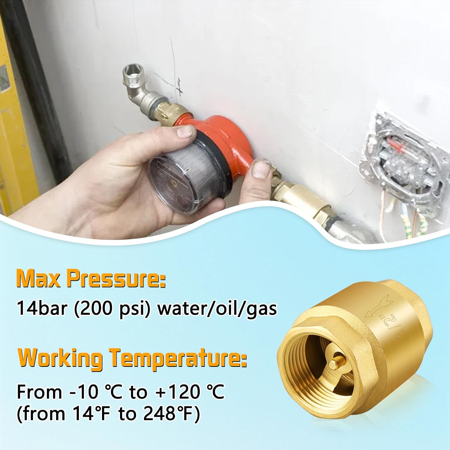 Boltigen Solid Brass Spring Check Valve, 1-1/2 Inch NPT Female Thread Non Return One Way Horizontal Vertical In-Line Water Check Valve for Well, Pump, Tank, Backflow Preventer