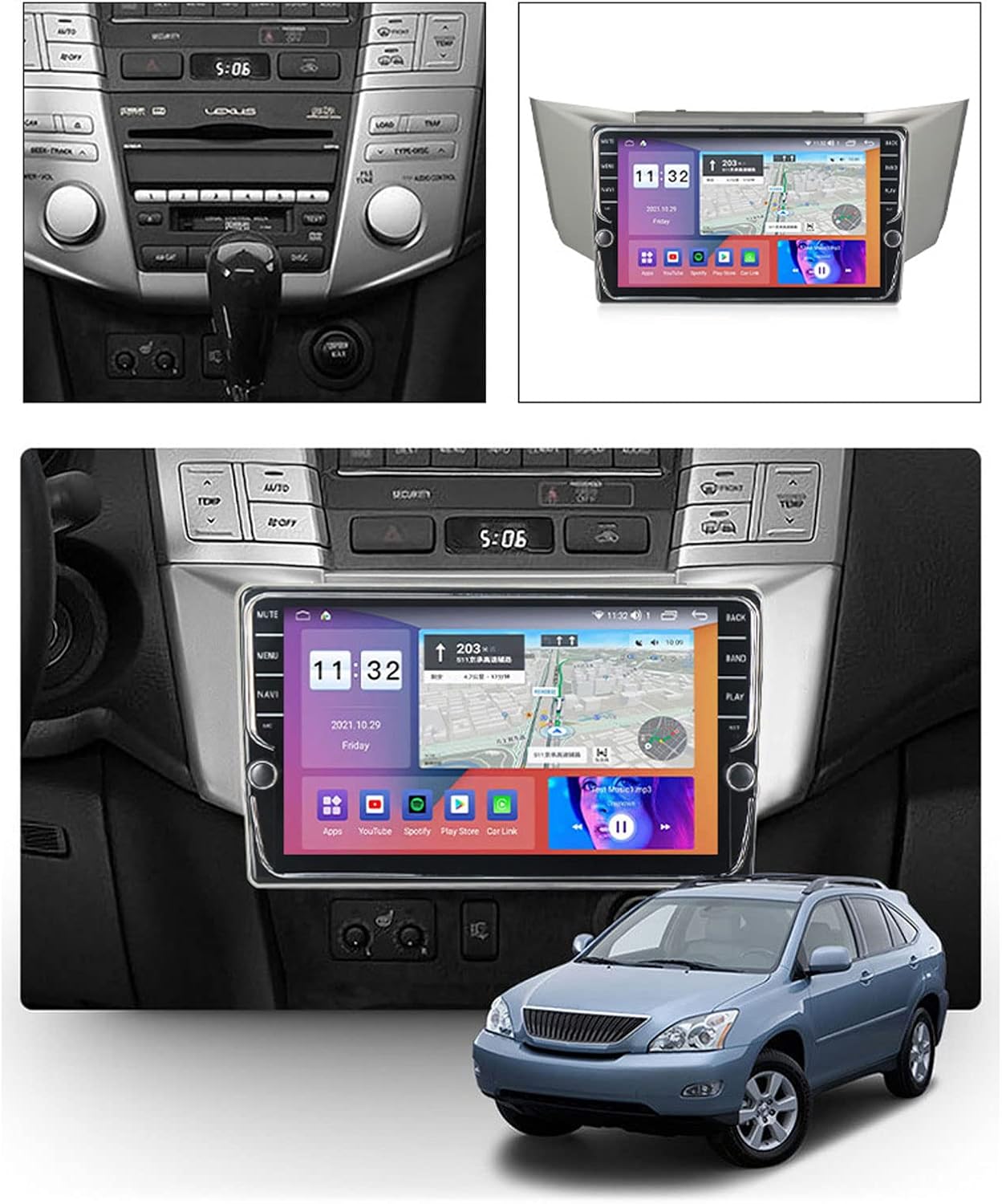 Android Double Din Car Stereo with Carplay, Android Auto, DSP, SWC, FM, 9 Inch Bluetooth Car Radio Receiver Touch Screen Car MP5 Player for Lexus RX300 RX330 RX350 RX400H