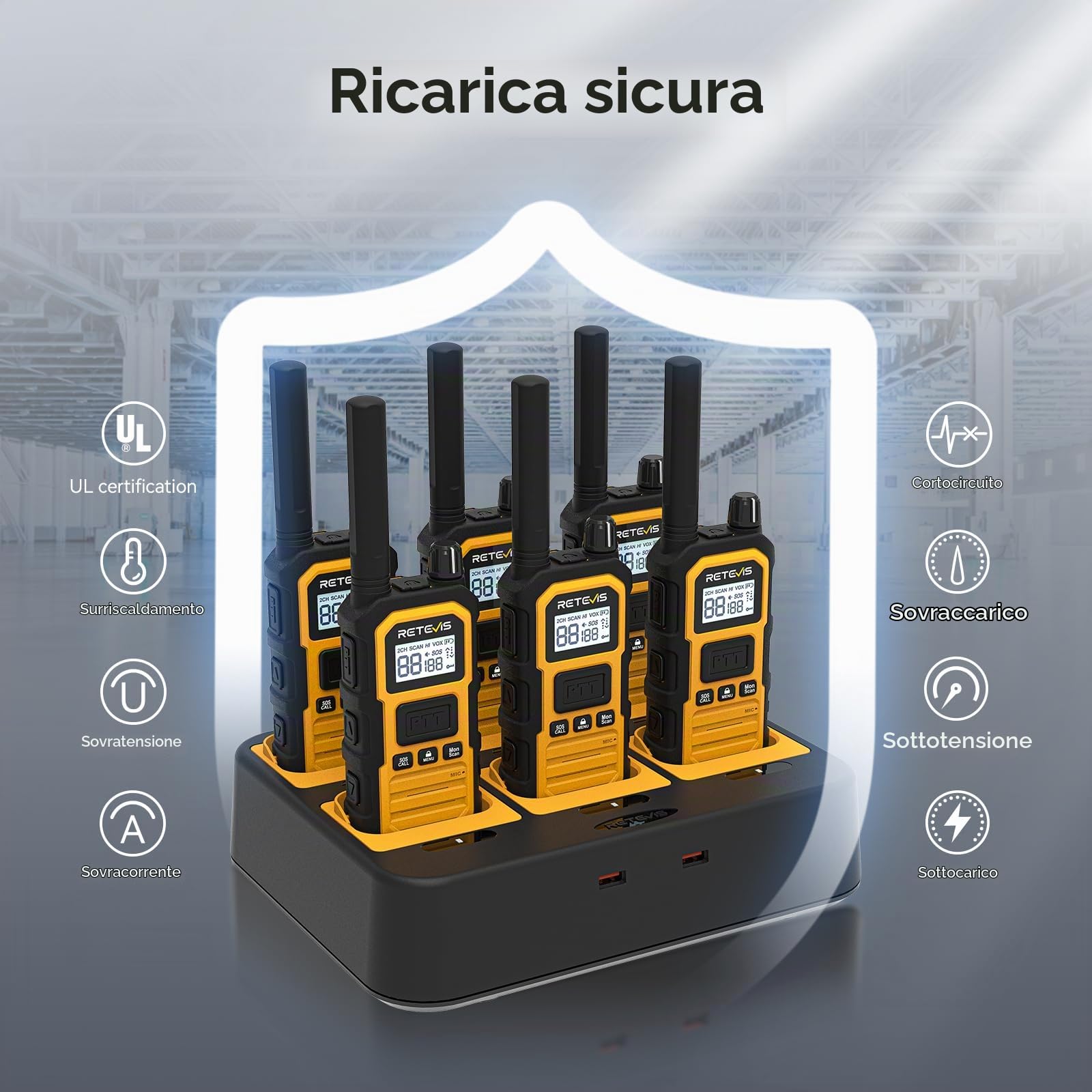 Retevis RB648Plus Walkie-Talkie, IP67 Impermeabile Radio Bidirezionale | VOX, Chiamata di Gruppo, 2000mAh, Walkie Talkie a Lunga Distanza con Caricatore a 6 Vie per Cantiere(6 Pz, Giallo)