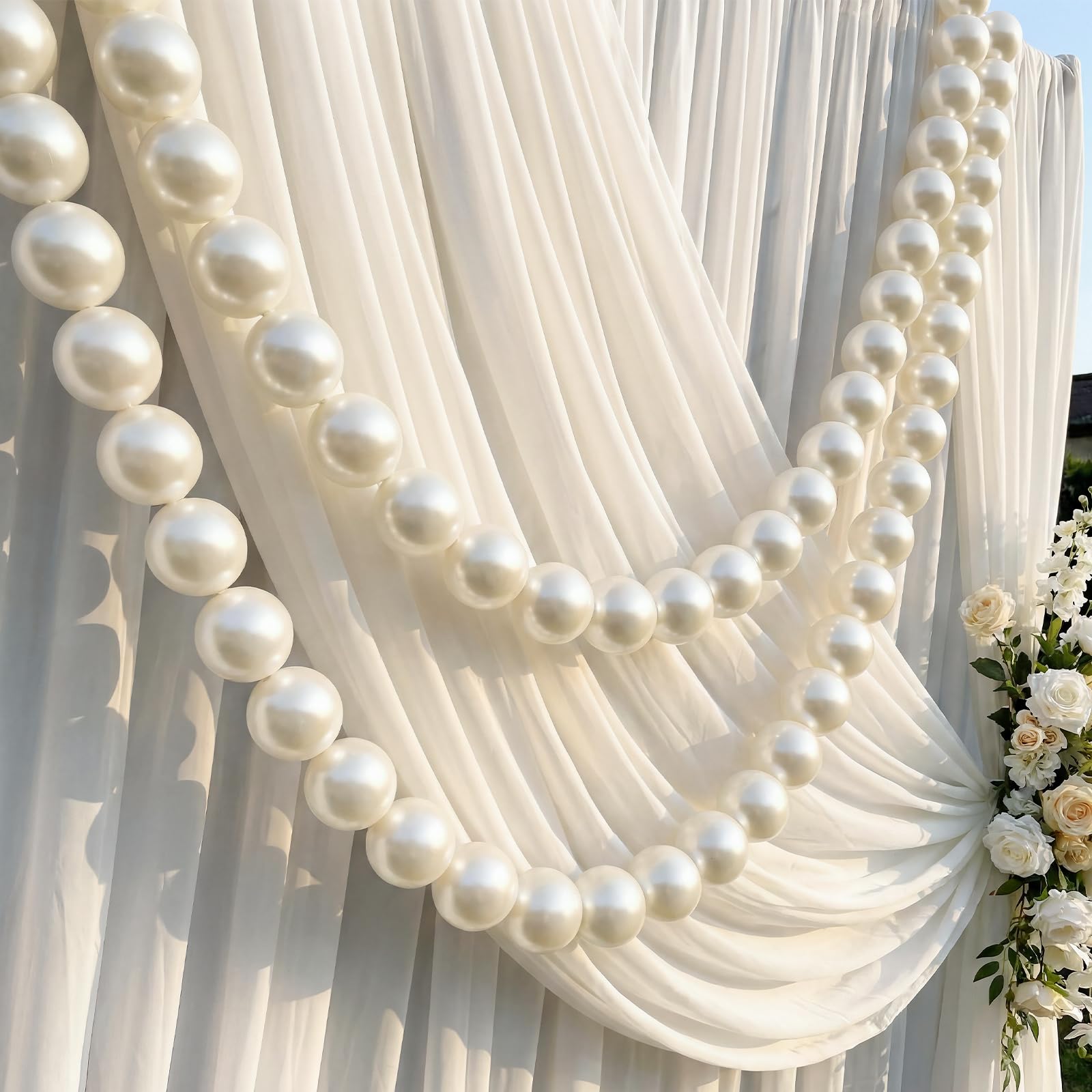 Photo 1 of Canlierr 2 Pcs 6.5ft Wedding Giant Pearl Garland Decorations 60mm Large Faux Bead Garland with Hook for Ceremony Photo Booth Outdoor Proposal Scene Garden Beach Party Decor (Ivory White, Simple)