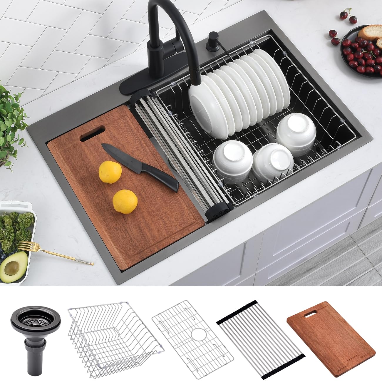 33 Inch Black Drop In Workstation Kitchen Sink, Scamall 33x22x10 Inches 16 Gauge Gunmetal Black Stainless Steel Topmount Workstation Kitchen Sink SM019-4SBG