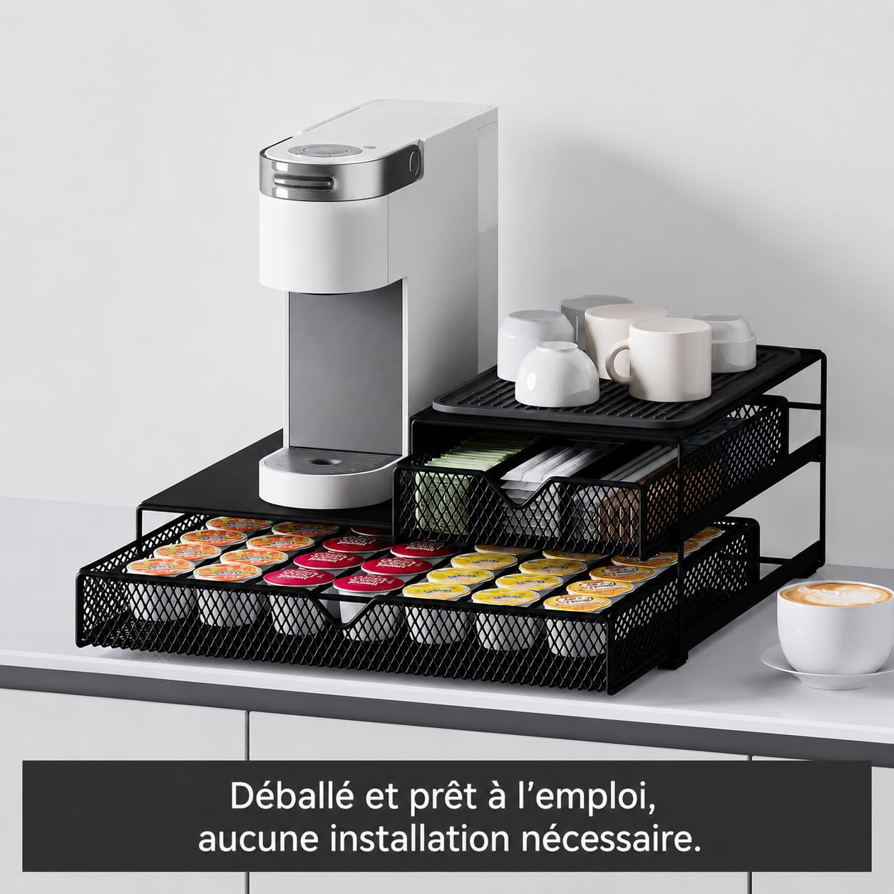 Support de machine à café avec tiroirs, porte capsules, rangement ddosettes, distributeur/organisateur capsules