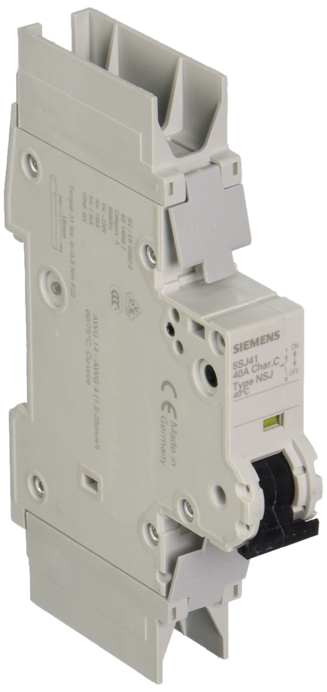 Siemens 5SJ41407HG42 Miniature Circuit Breaker, UL 489 Rated, 1 Pole Breaker, 40 Ampere Maximum, Tripping Characteristic C, DIN Rail Mounted, Type NSJ