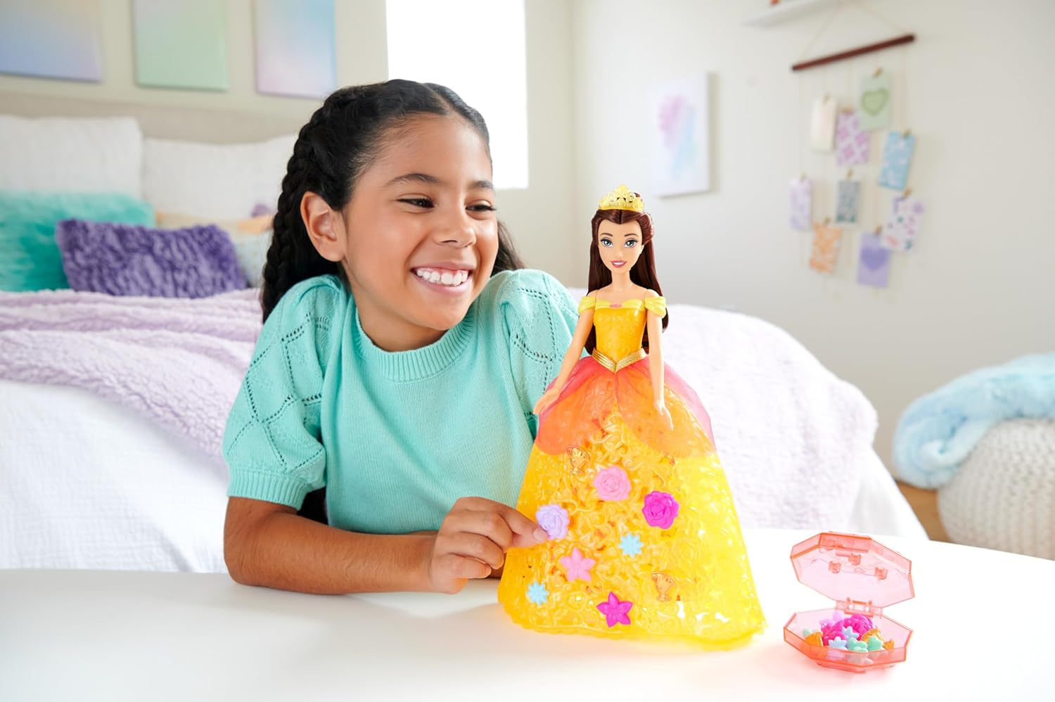 MATTEL Disney Princess Flower Fashion Belle Doll With 20 Charms, Customizable Skirt & Storage Case