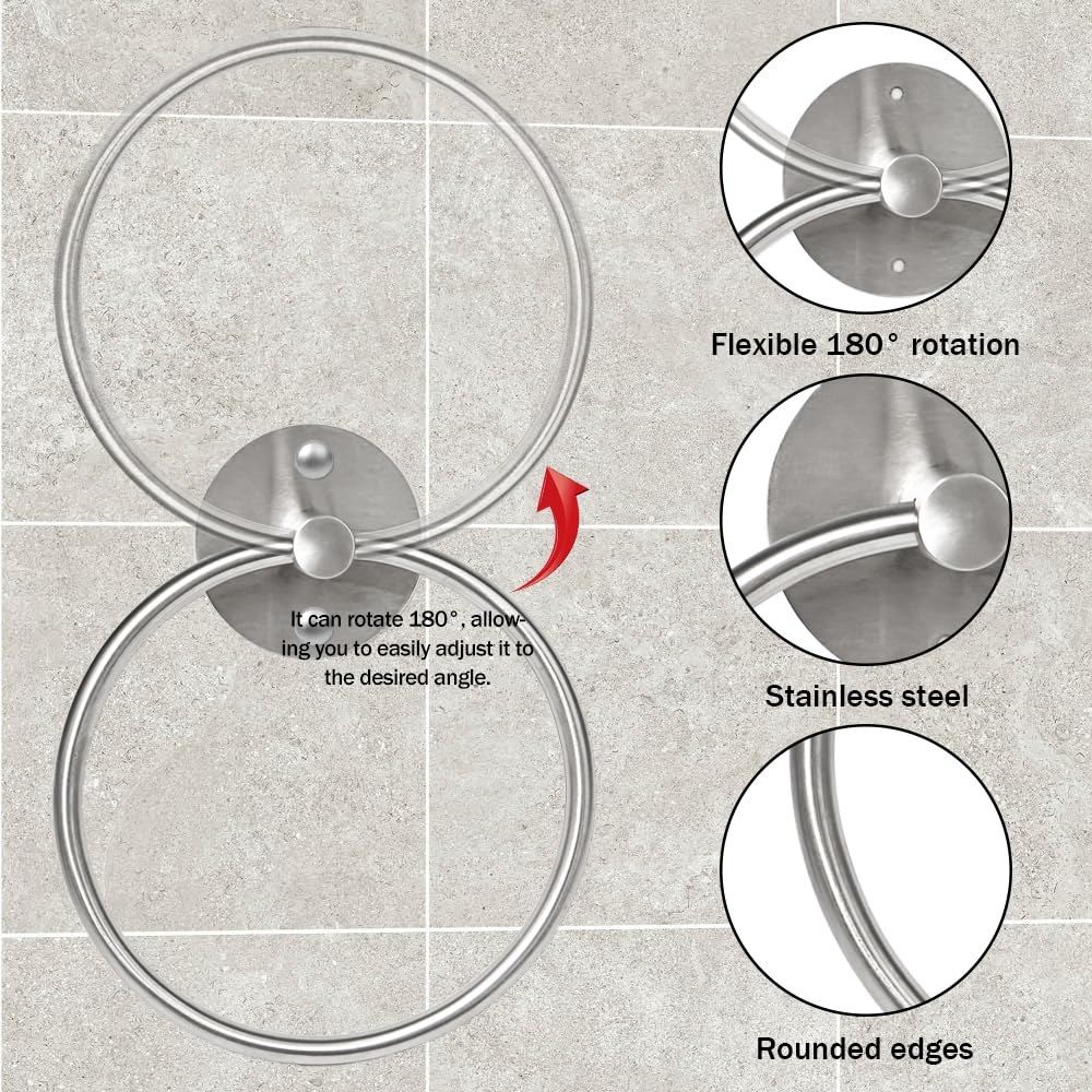 2 Anillos de Toalla Autoadhesivos mit 2 Colgador Toalla para Cuarto de Baño Cocina, Sin Taladrar Anillos de Toalla de Acero Inoxidable, Resistente al óxido y la Humedad, Plateado