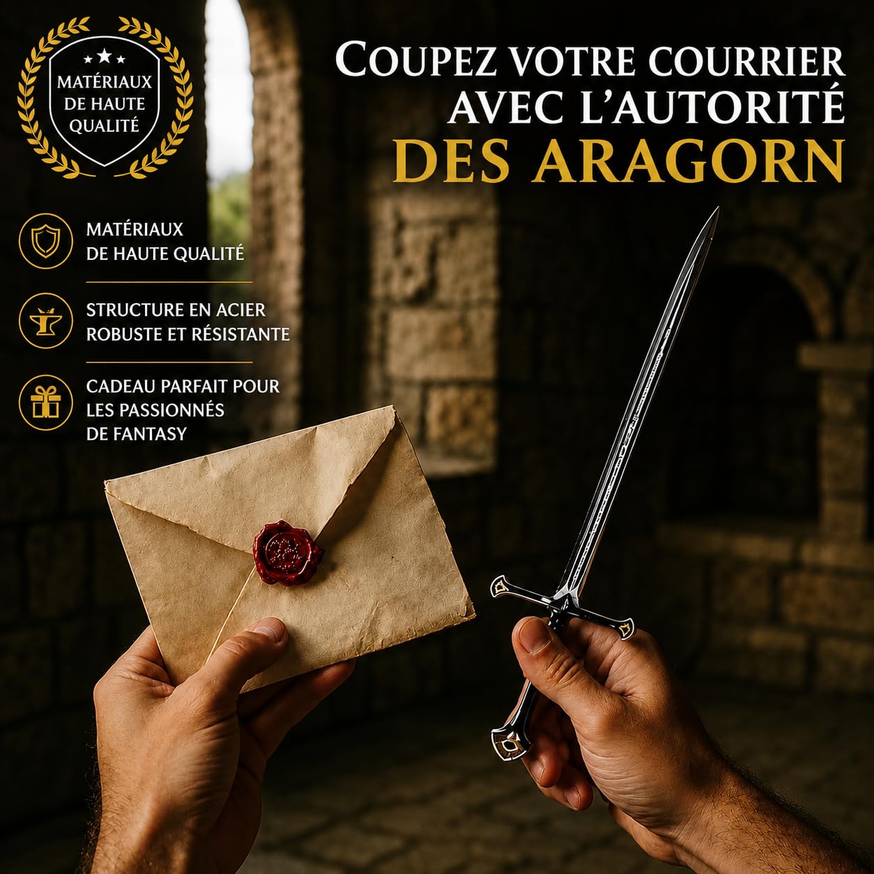 Le Seigneur des Anneaux Anduril Épée XL Ouvre-lettres avec fourreau 30 cm | "Flamme de l'Ouest" d'Aragorn en métal | Réplique du Moyen-Oeuvre & Décoration de bureau | Cadeau Fantaisie